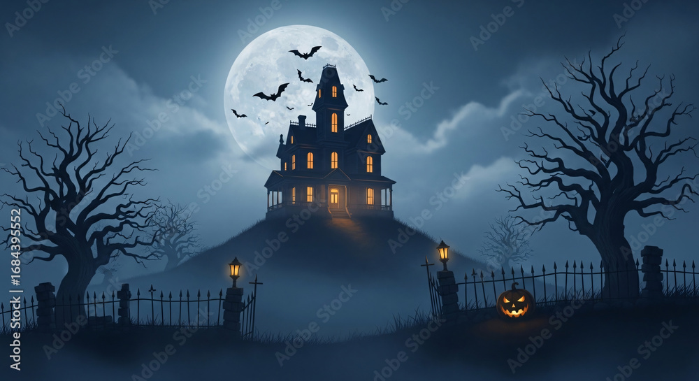 Fototapeta premium Spooky Night Haunted House Under the Moon, Eerie Halloween Illustration Concept
