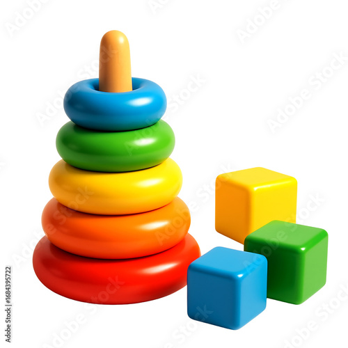 Colorful stacking rings and blocks toy set isolated on a transparent background children baby