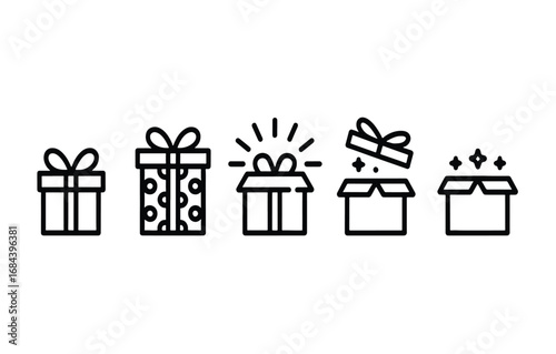 Gift box line icon set showing the opening process. Vector graphic of a closed present, opening animation, and surprise with sparkles for celebrations