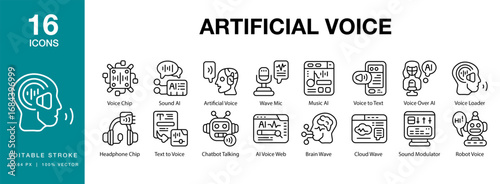 Artificial Voice icon set. Includes technology, voice, ai, digital, assistant, and More. Editable Stroke Icon Collection.