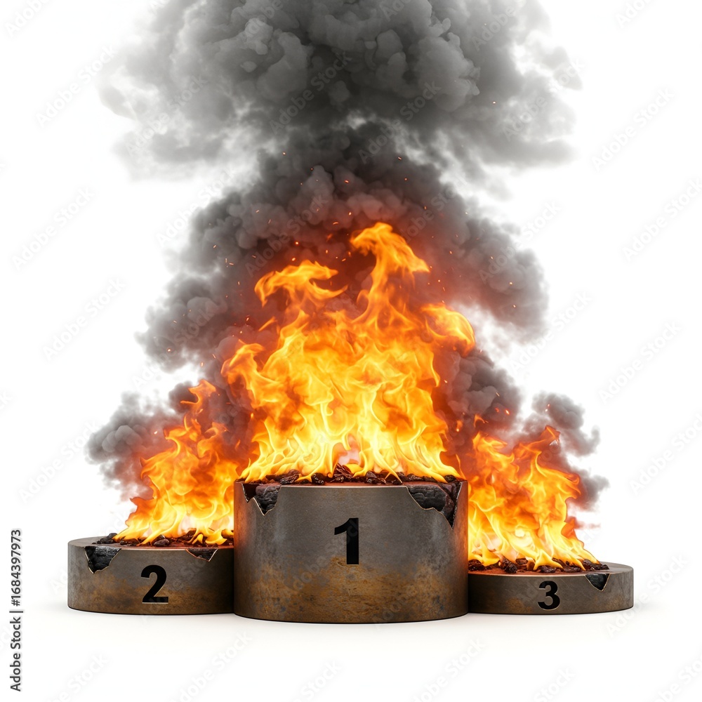 Obraz premium A distressed podium engulfed in flames and billowing smoke against white backdrop.