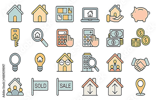 A comprehensive collection of vector line icons for the real estate industry, including symbols for home sales, property investment, and mortgage
