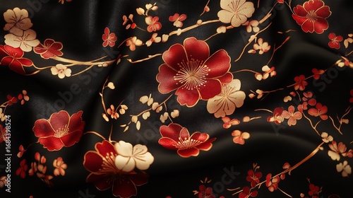 Floral Kimono Fabric Pattern on Black Background