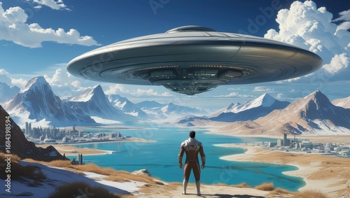 A futuristic landscape unfolds beneath a majestic, hovering craft, showcasing a serene scene of a city nestled between snowy peaks and a tranquil body of water.