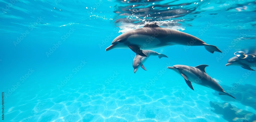 Obraz premium Dolphins frolic near a snorkeler in crystal-clear turquoise water, sunny beach in background, snorkeling, playful