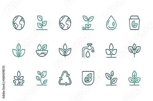 Collection of Eco-Friendly Icons Sustainability, Environmental Protection, and Nature-Themed Illustrations