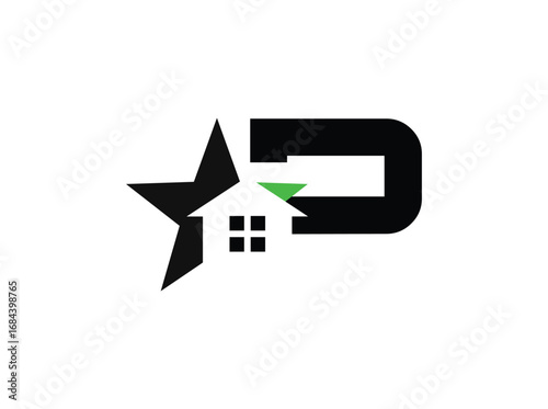 Minimalist real estate logo design featuring a modern combination of a star, house window, and bold letterforms. The symbol incorporates clean geometric shapes with a black anrator Artwork p