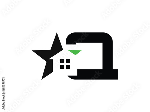 Minimalist real estate logo design featuring a modern combination of a star, house window, and bold letterforms. The symbol incorporates clean geometric shapes with a black anrator Artwork q