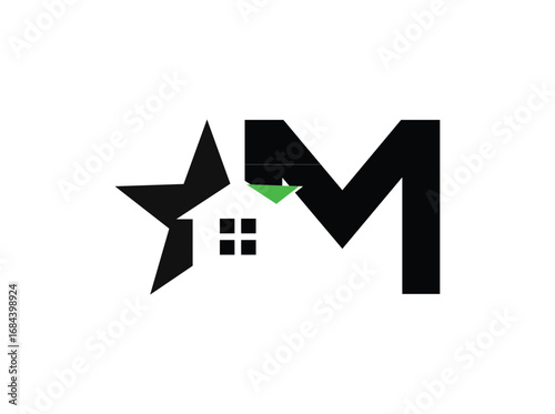 Minimalist real estate logo design featuring a modern combination of a star, house window, and bold letterforms. The symbol incorporates clean geometric shapes with a black anrator Artwork m