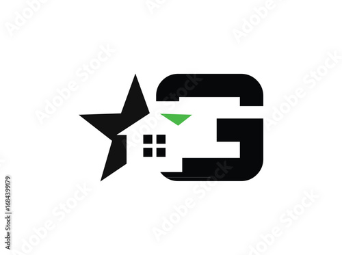 Minimalist real estate logo design featuring a modern combination of a star, house window, and bold letterforms. The symbol incorporates clean geometric shapes with a black anrator Artwork