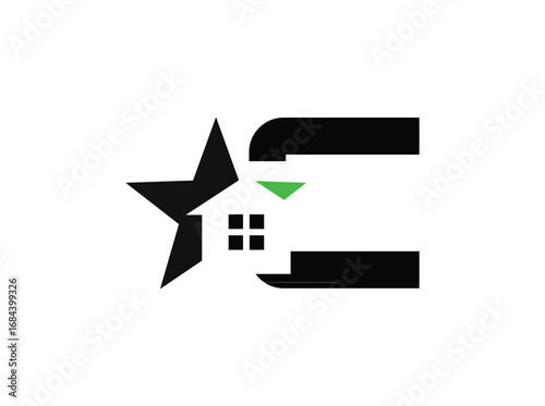 Minimalist real estate logo design featuring a modern combination of a star, house window, and bold letterforms. The symbol incorporates clean geometric shapes with a black anrator Artwork c