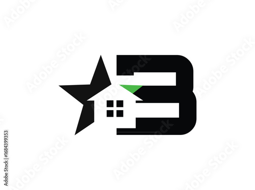 Minimalist real estate logo design featuring a modern combination of a star, house window, and bold letterforms. The symbol incorporates clean geometric shapes with a black anrator Artwork b