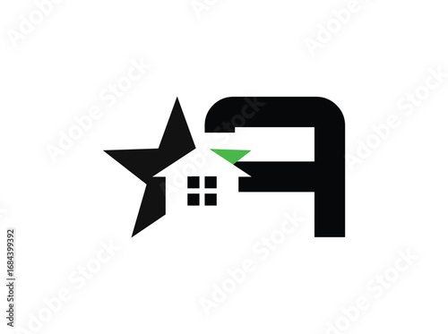 Minimalist real estate logo design featuring a modern combination of a star, house window, and bold letterforms. The symbol incorporates clean geometric shapes with a black anrator Artwork a