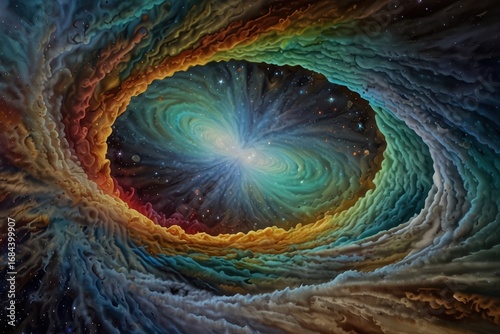 A vibrant, swirling nebula, filled with colorful clouds and shimmering stars, reveals a captivating cosmic tunnel.