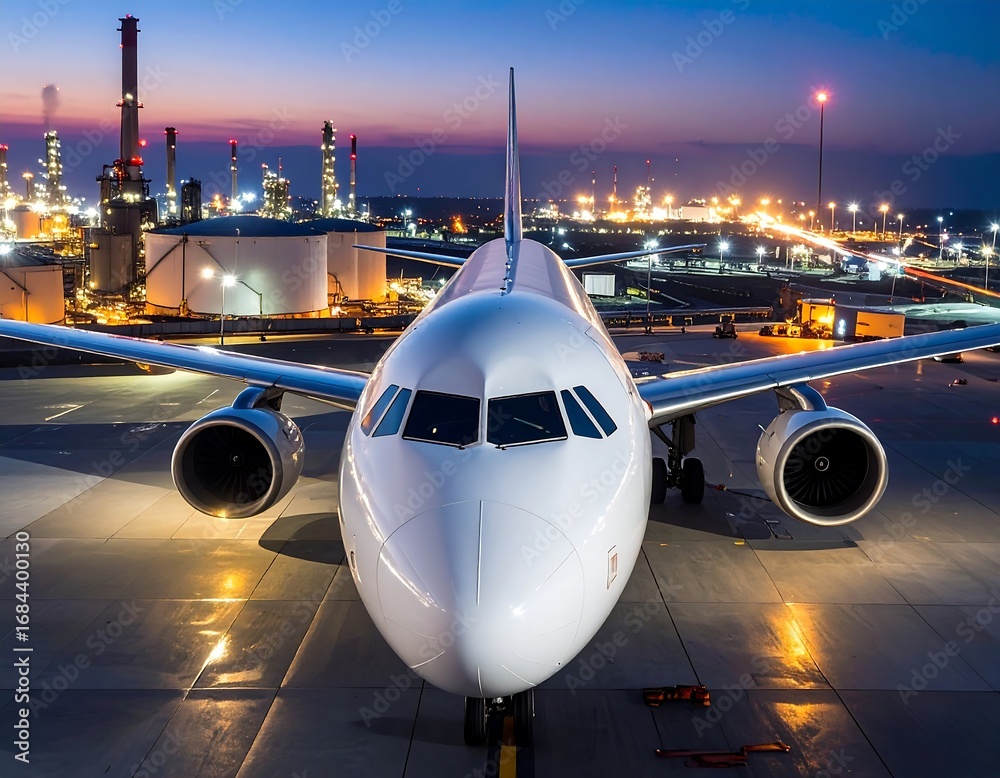 Fototapeta premium Airplane on tarmac at dusk, refinery in background