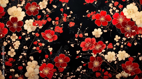 Floral Kimono Fabric Pattern on Black Background