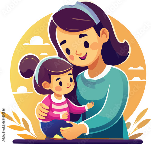 A loving mother tenderly embraces her young daughter, creating a heartwarming scene of maternal affection and family bond.
