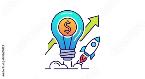 Financial growth idea lightbulb with rocket launch and upward trend for business and startup success
