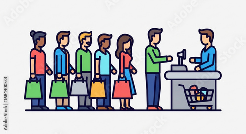 People waiting in line at store checkout cashier retail shopping queue customer service purchase payment 100