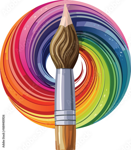 A paintbrush sits in front of a colorful, swirling vortex of rainbow hues.