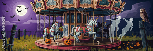 Spooky Haunted Carousel with Ghosts, Pumpkins, and Bats on Halloween Night, Creepy Abandoned Fairground, Vector Illustration
