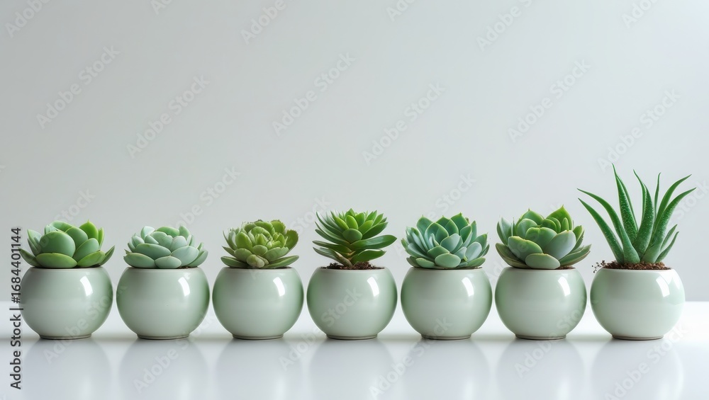 Obraz premium A row of miniature succulent plants in light sage green ceramic pots against a neutral background.