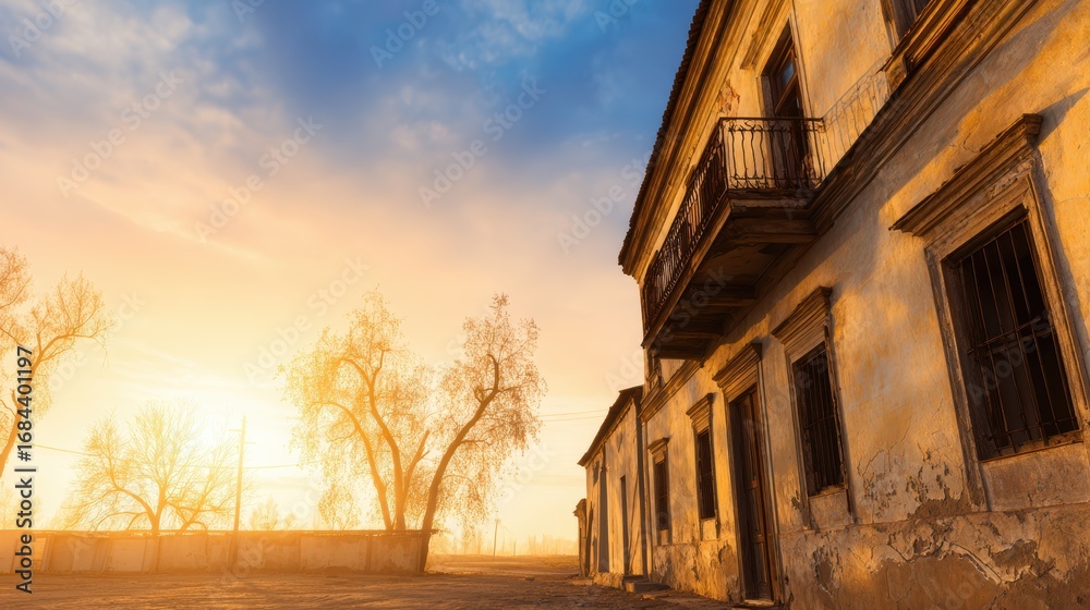 Obraz premium Sunset over an abandoned building with bare trees casting shadows on a deserted road