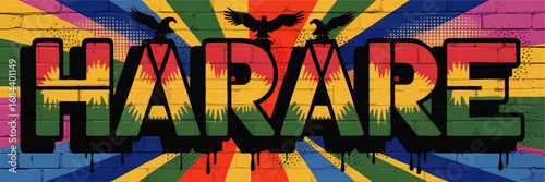 Harare Zimbabwe Graffiti Mural with Colorful Abstract Sunburst, Birds and Urban Brick Wall Street Art Illustration