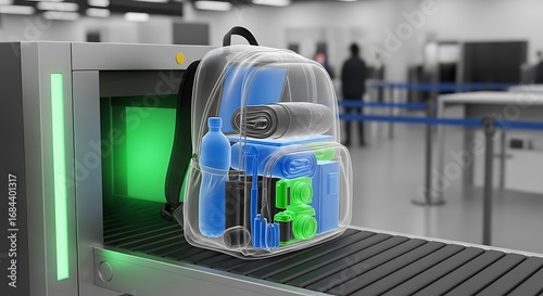 Backpack going through airport security scanner X-ray machine.