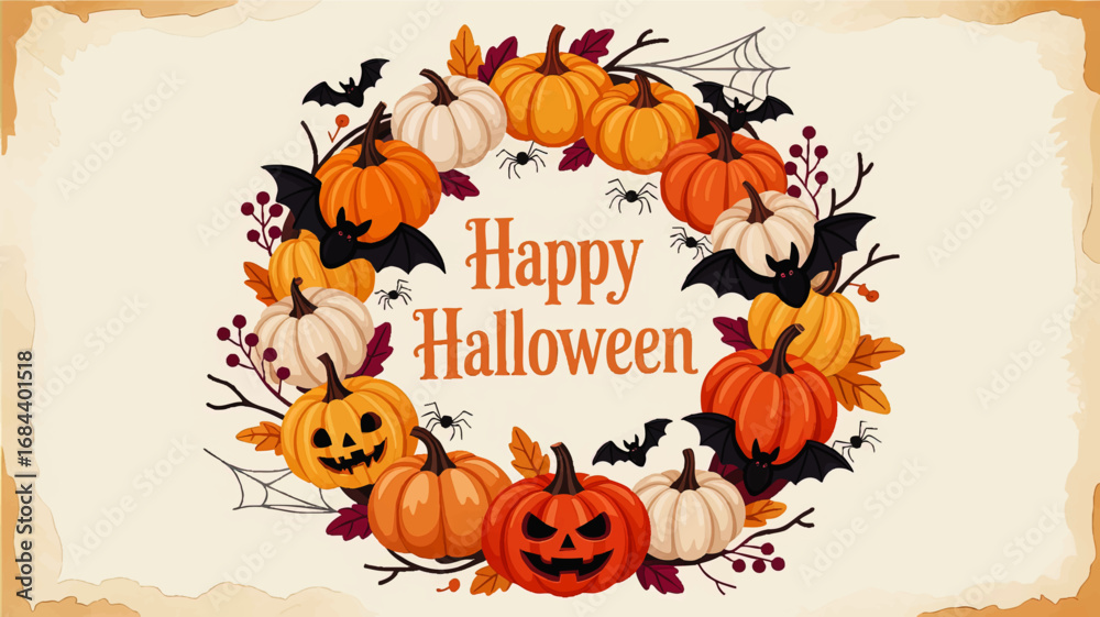 Fototapeta premium Festive Halloween Wreath with Pumpkins, Bats, Spiders, and Leaves on Vintage Paper Background – Happy Halloween Greeting Card