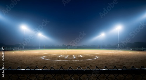 Empty Baseball Field at Night Under Bright Stadium Lights.