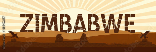 Zimbabwe Abstract Illustration with Great Zimbabwe Ruins, Sunburst Background, Stonework Font, and Eagle Silhouettes in Earth Tones