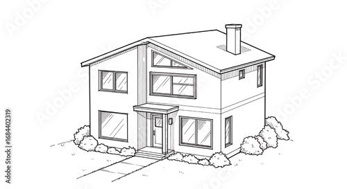 Cozy hand-drawn sketch of a classic American two-story house with an attached garage and traditional window designs.