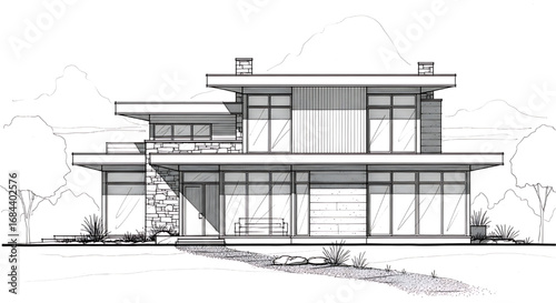 Architectural perspective sketch of a modern multi-level house with extensive glass walls and a prominent overhanging roof.