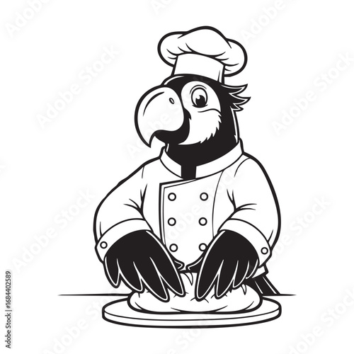 Vector art of a charming parrot chef,diligently prepares a culinary masterpiece with his skilled hands, showcasing his passion for cooking