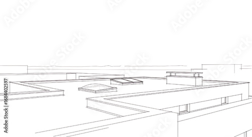 Abstract minimalist line drawing representing the foundational layout or spatial plan of a modern architectural structure.