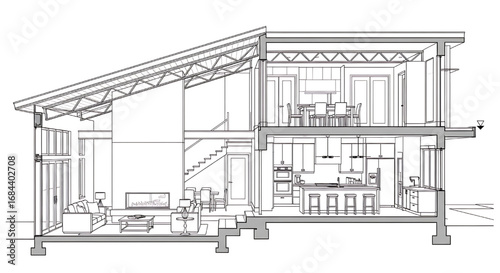 Detailed cross-section architectural sketch of a modern home with a pitched roof, showing interior spaces and furnishings.