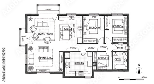 Detailed architectural floor plan for a multi-room apartment or house, showing room layouts, dimensions, and furniture placement.