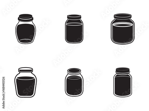 Collection of Black and White Jar Icons Vector Illustration Representing Storage and Preservation with Clean Lines and Modern Design