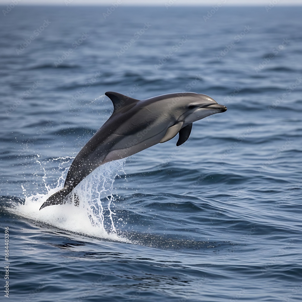 Naklejka premium Dolphin leaping from the ocean water with splashes.
