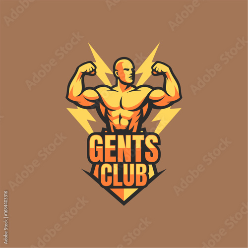 Gents Club fitness logo with muscular man flexing arms. Brand identity for fitness, bodybuilding and gym business.