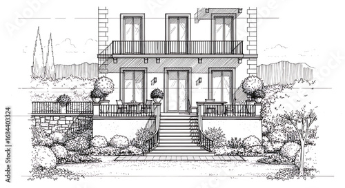 Detailed architectural sketch of a luxurious traditional house with a grand staircase leading to a covered front porch.