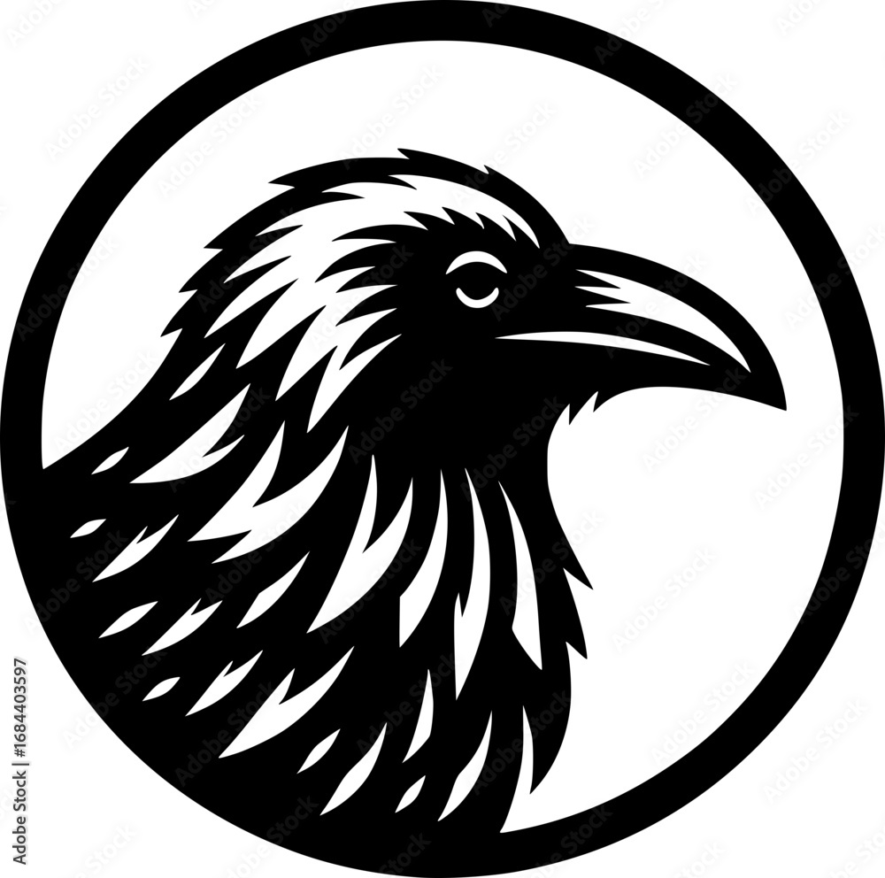 Fototapeta premium Minimalist black and white vector icon of a crow with clean lines, modern style, isolated on white background.