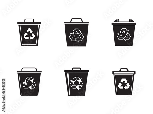 Collection of Black and White Recycling Bin Icons Representing Sustainability and Environmental Awareness for Design Projects