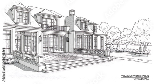 Perspective drawing of a large, modern home with integrated landscaping, featuring sharp angles and mixed materials.