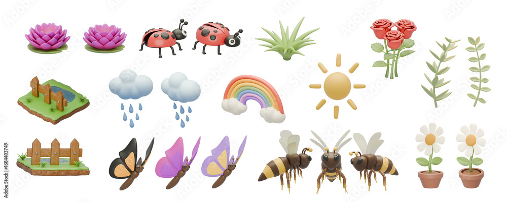 Obraz premium A collection of cute 3D rendered plasticine nature icons including flowers, insects, and weather elements isolated on a transparent background