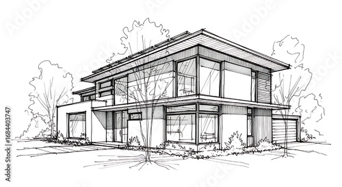 Architectural illustration of a modern, multi-story home featuring large glass panels, a flat roof, and clean lines.