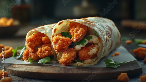 A delicious wrap filled with grilled chicken, vegetables, and herbs, served on a wooden plate.