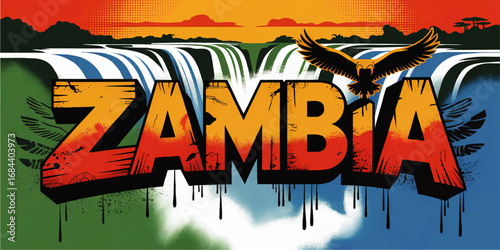 Vibrant Zambia Poster with Victoria Falls, African Eagle, Sunset, and Graffiti Art for Travel and Tourism Design