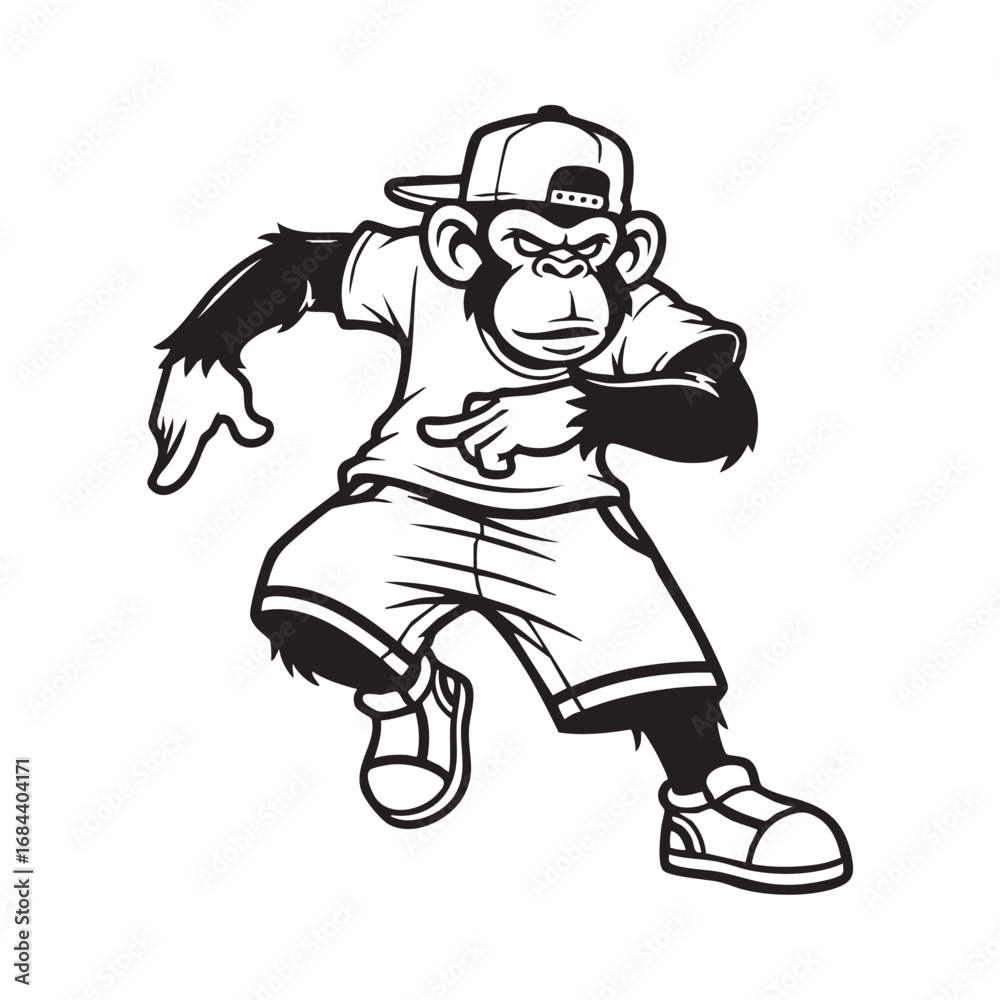 Fototapeta premium Vector art of a cool monkey with a cap and stylish clothes is dancing, showcasing its unique style and playful nature in a fun cartoon illustration